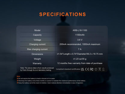 fenixlightFenix ARB-L18-1100 - Wiederaufladbarer 18350 Li-Ion-Akku (1100 mAh)Fenix ARB-L18-1100 - Wiederaufladbarer 18350 Li-Ion-Akku (1100 mAh)ForestHunt | Locker, Kirrmittel & JagdbedarfZubehör